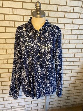 J. Crew Navy and White Palm Print Button-Up Blouse